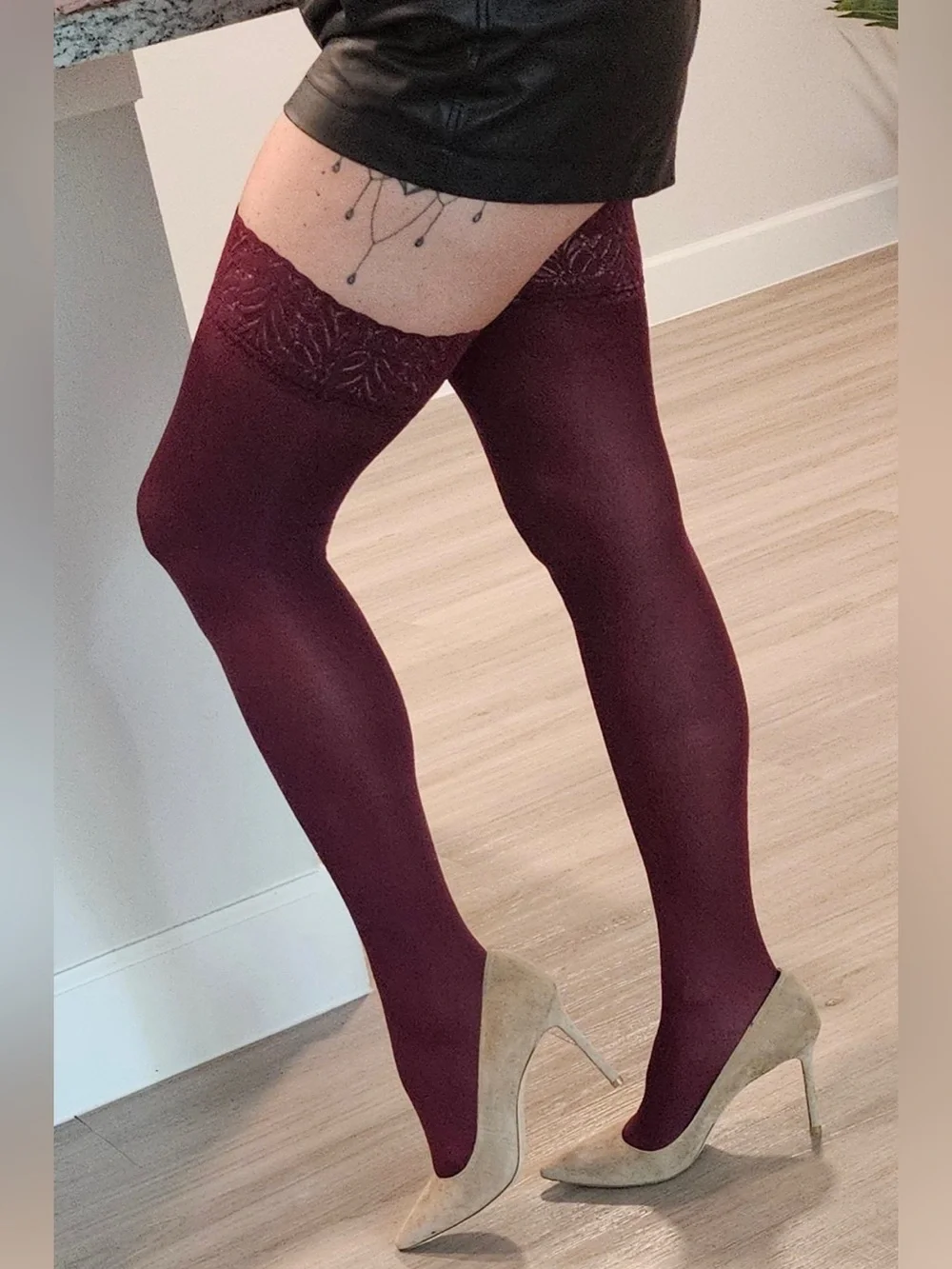 Sheer Lace-Top Thigh High Stockings - Burgundy